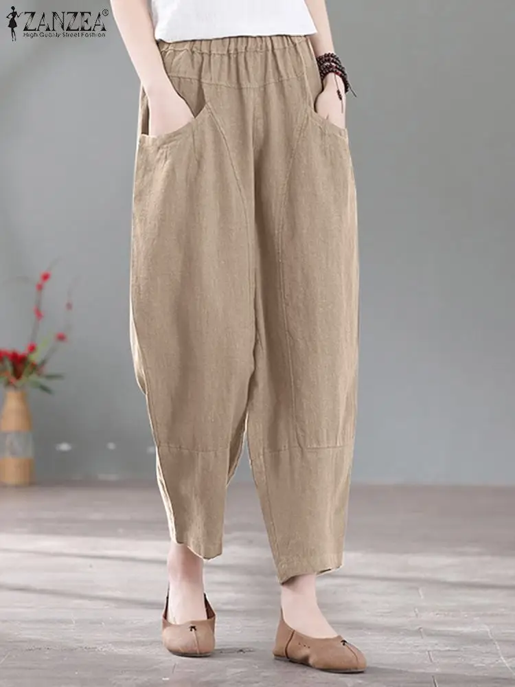 ZANZEA Summer Vintage Solid Pants Women Casual Elastic Waist Trousers Loose Harem Pant Female Work Palazzo Pantalon Oversize