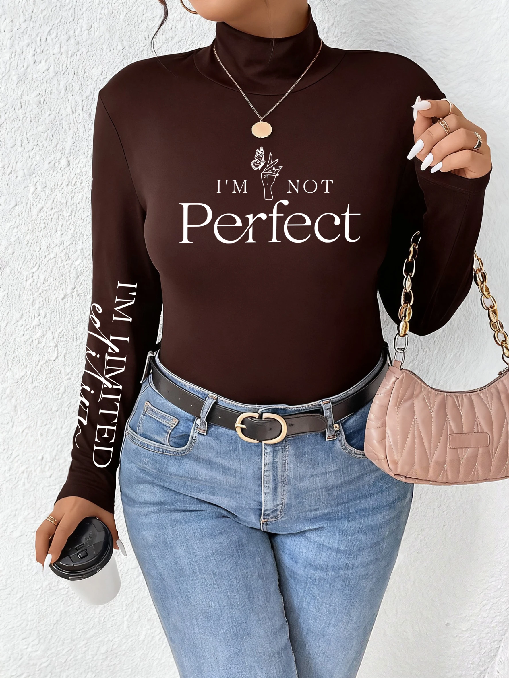 Koszulka damska z nadrukiem artystycznym i napisem \\\\\\\"I'M Not Perfect\\\\\\\", jesienne uniwersalne topy, modne, codzienne bluzy, dopasowane, grube ubrania z długim rękawem.