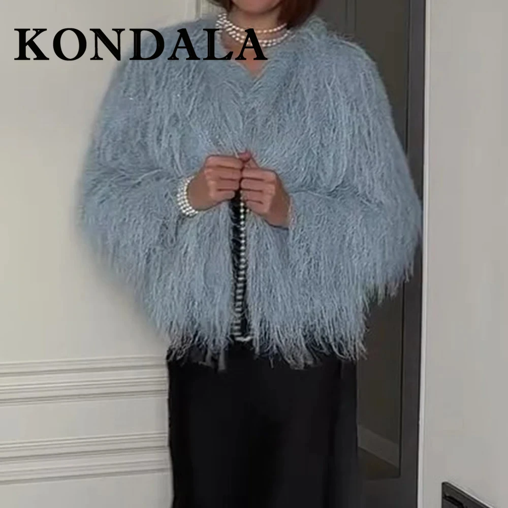 Kondala chique borla azul aniversário casaco curto moda 2025 vintage feminino elegante couro falso outwear noite festa outono y2k jaqueta