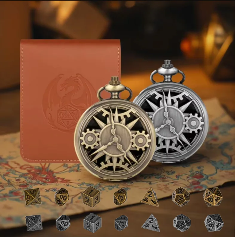 

7pcs/set Metal Polyhedral Dice Set with Retro Hollow Gear Pocket Watch Case Chain Mini Dice for RPG Tabletop Game with Gift Bag