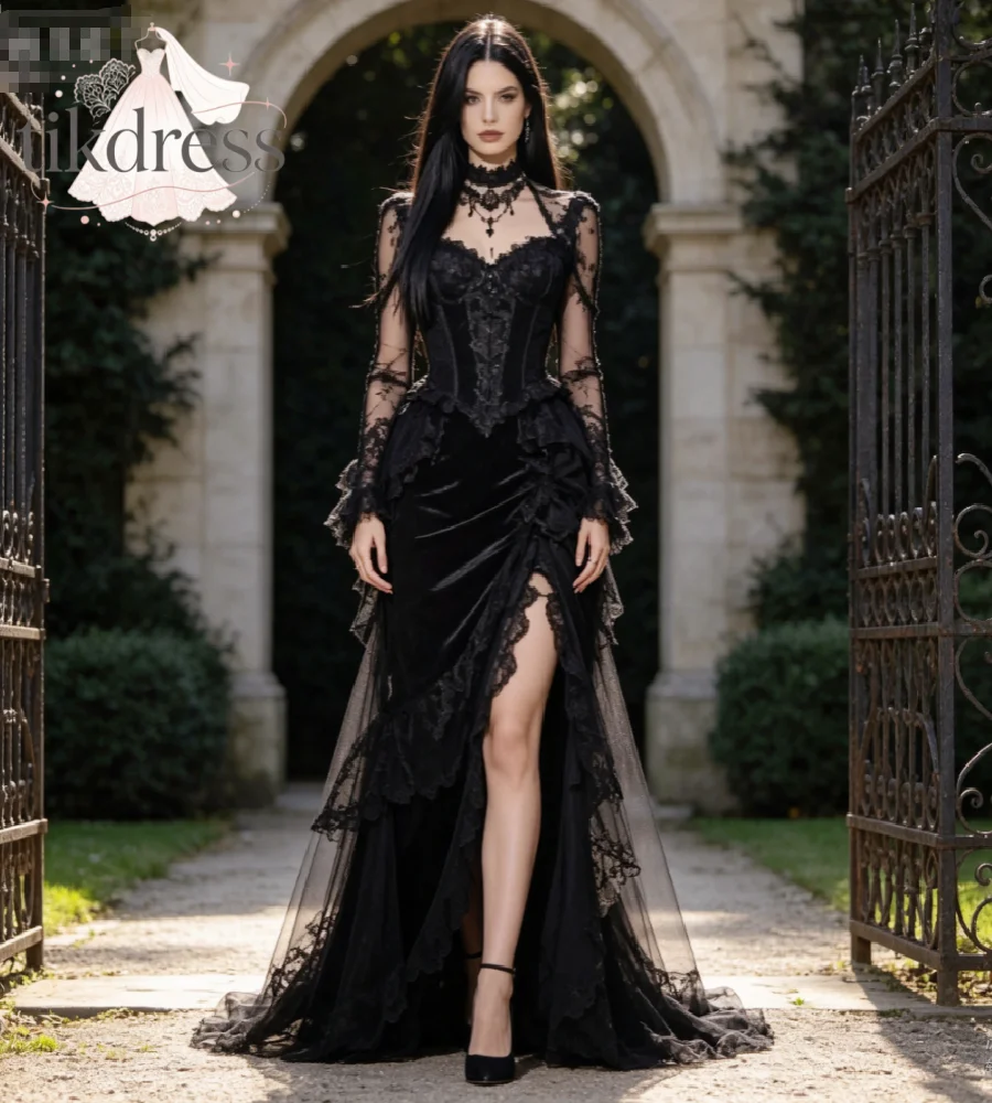 Victorian Gothic Black Velvet Wedding Dress With Slit Mermaid Medieval Vampire Bridal Gowns Long Sleeve Dark Aesthetic Costume