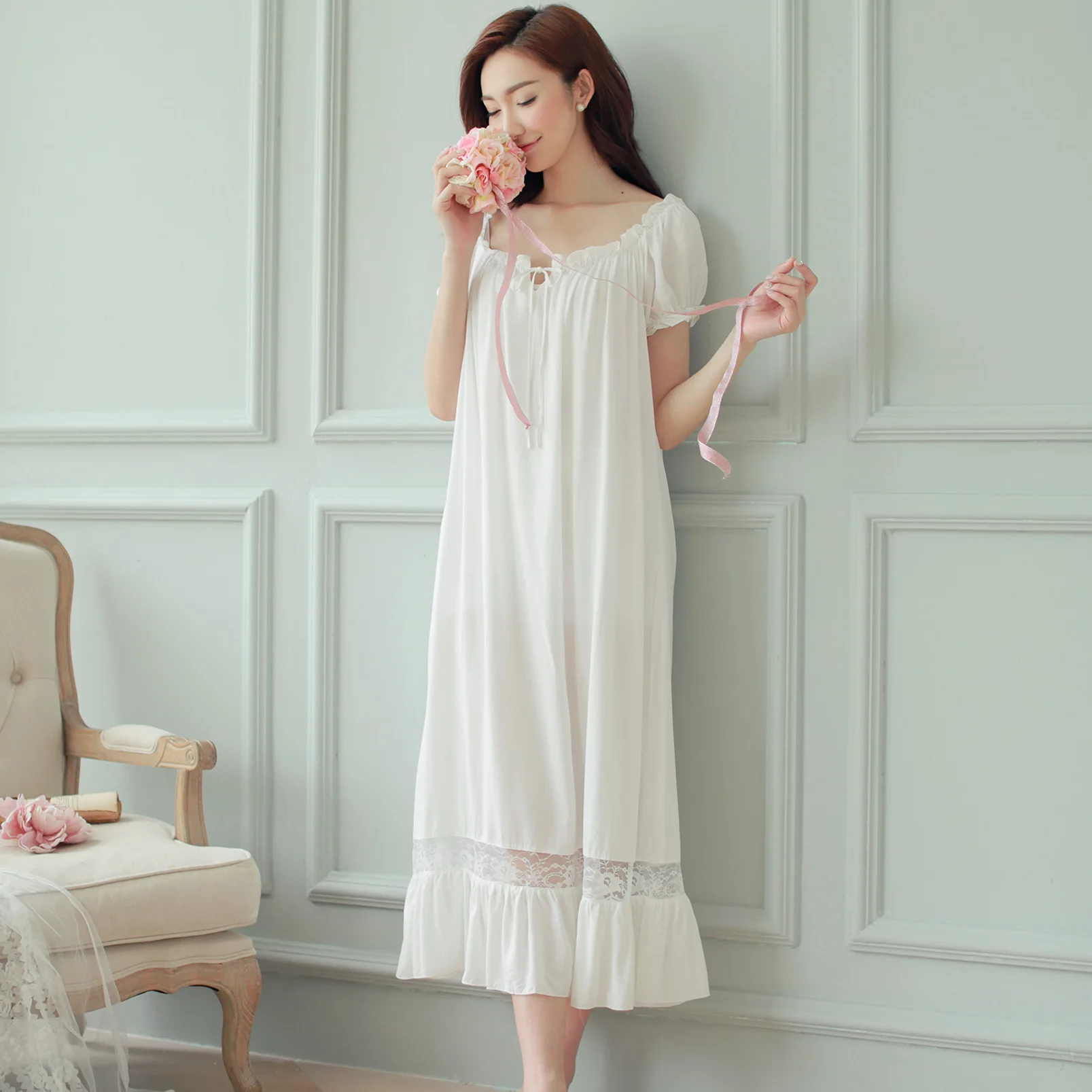 Chemise de nuit à manches courtes en coton blanc pour femmes, vêtements de nuit longs vintage, vêtements de nuit sexy en dentelle, robe de nuit pour