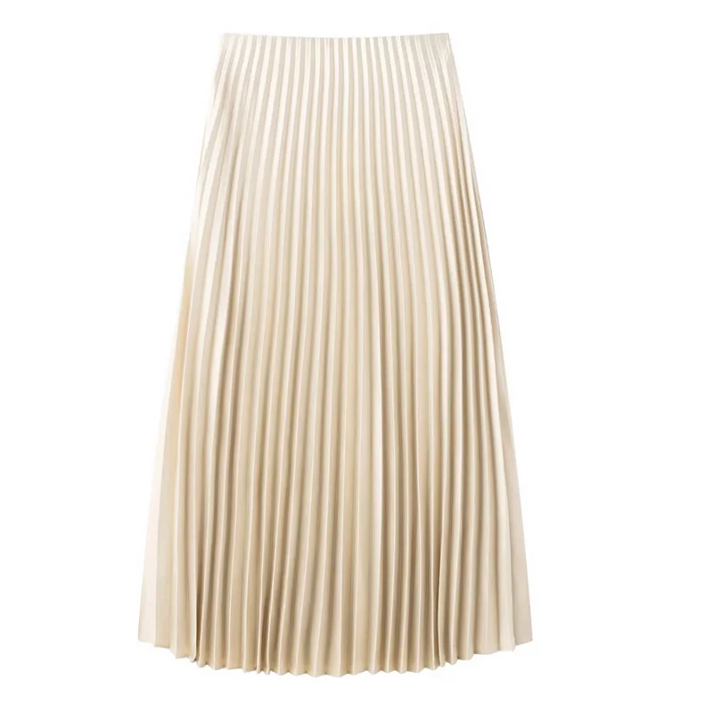 HXAO 여성을위한 새로운 롱 스커트 Pleated 우아한 여성 스커트 여름 새틴 미디 스커트 하이 웨이스트 브라운 스커트 솔리드 캐주얼 스커트