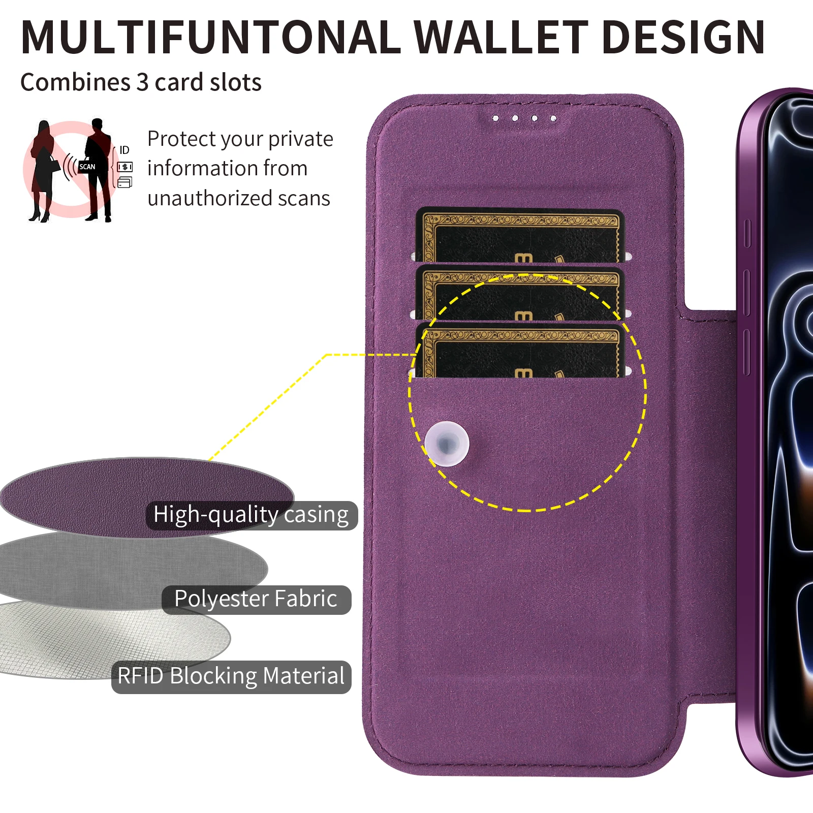 Für iPhone 17 Pro Max Magnetische Handyhülle Flip-Cover Vollschutz-Hülle mit Kartenfach Linsenschutz Kunstleder Sturzsichere Handyschutzhülle – Detail 10