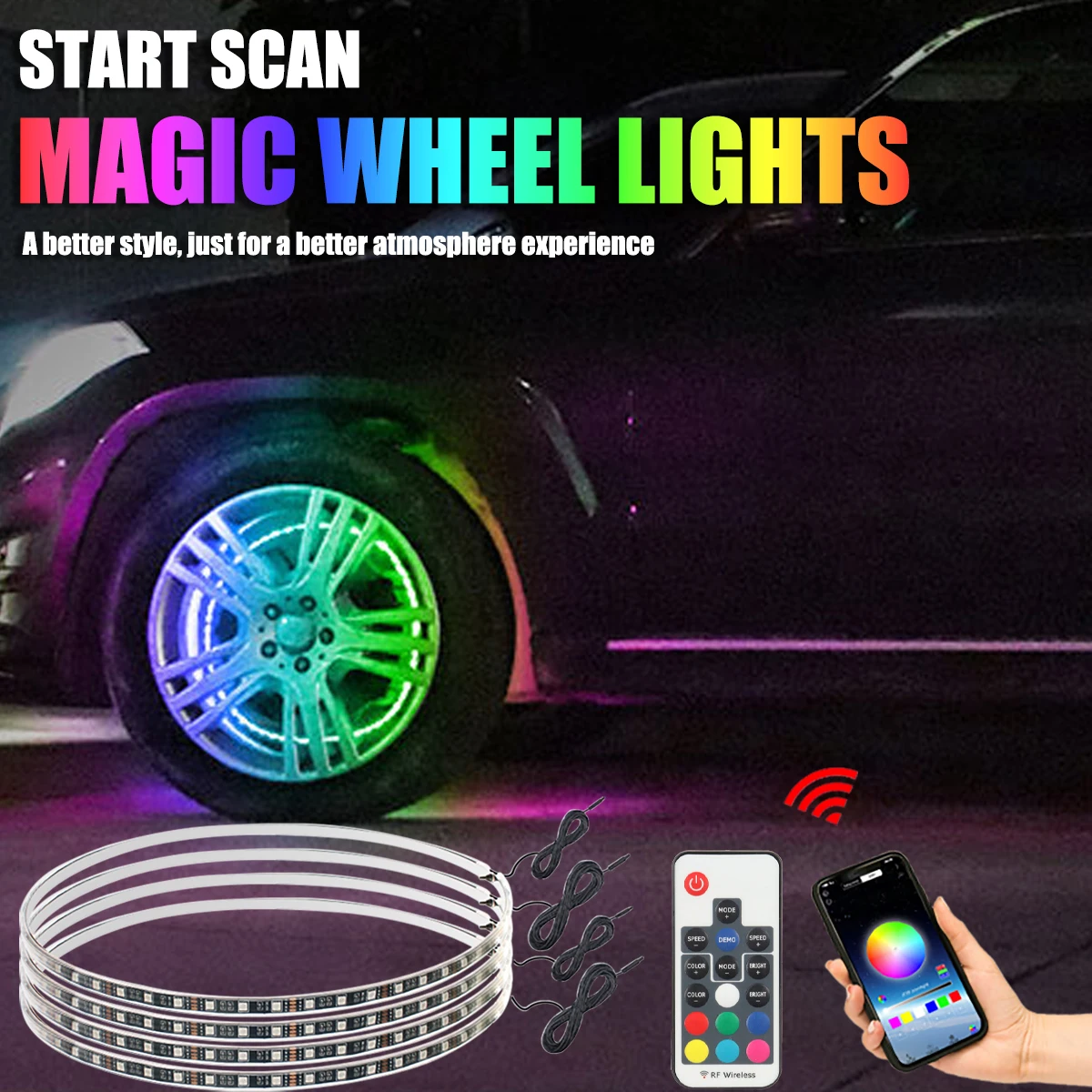 

15.5 in Neon Lamp APP/Remote Car Hub Light For Wheel Decorative Lamp Waterproof 12V LED With Brake Steering Phantom 4Pcs