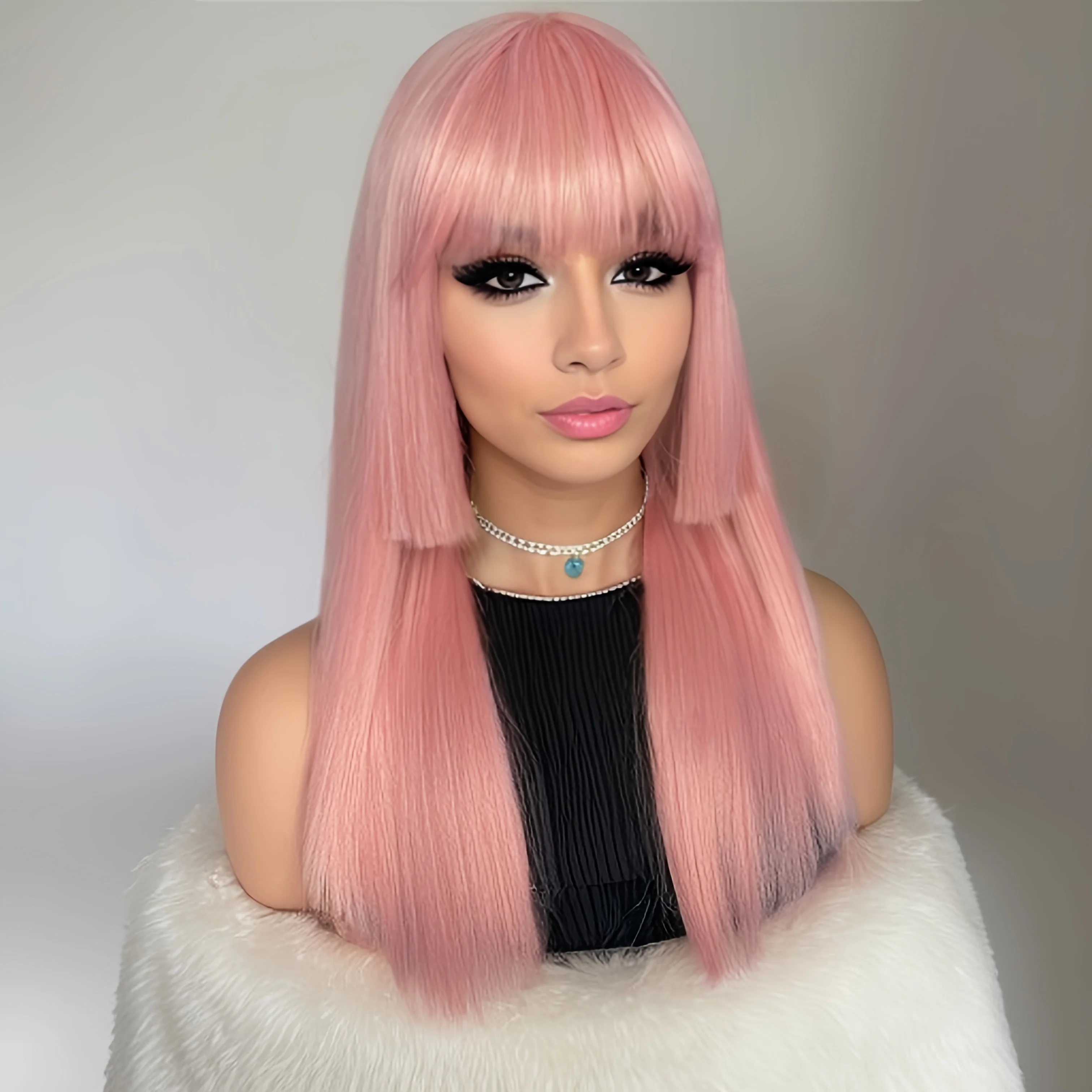 

Женский длинный прямой розовый парик из синтетических волос с аккуратной челкой, сетчатая шапочка из розового волокна, высокотемпературное волокно для косплея, Рождества и зала