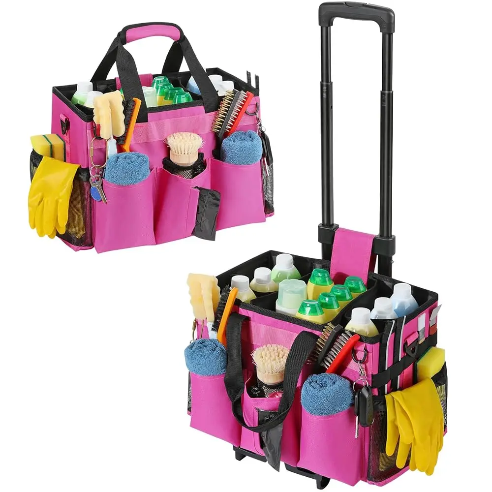 

Rolling Cleaning Caddy Bag With Detachable Trolley, Professional Portable Large Cleaning Bag With Wheels, Wearable Cleaning