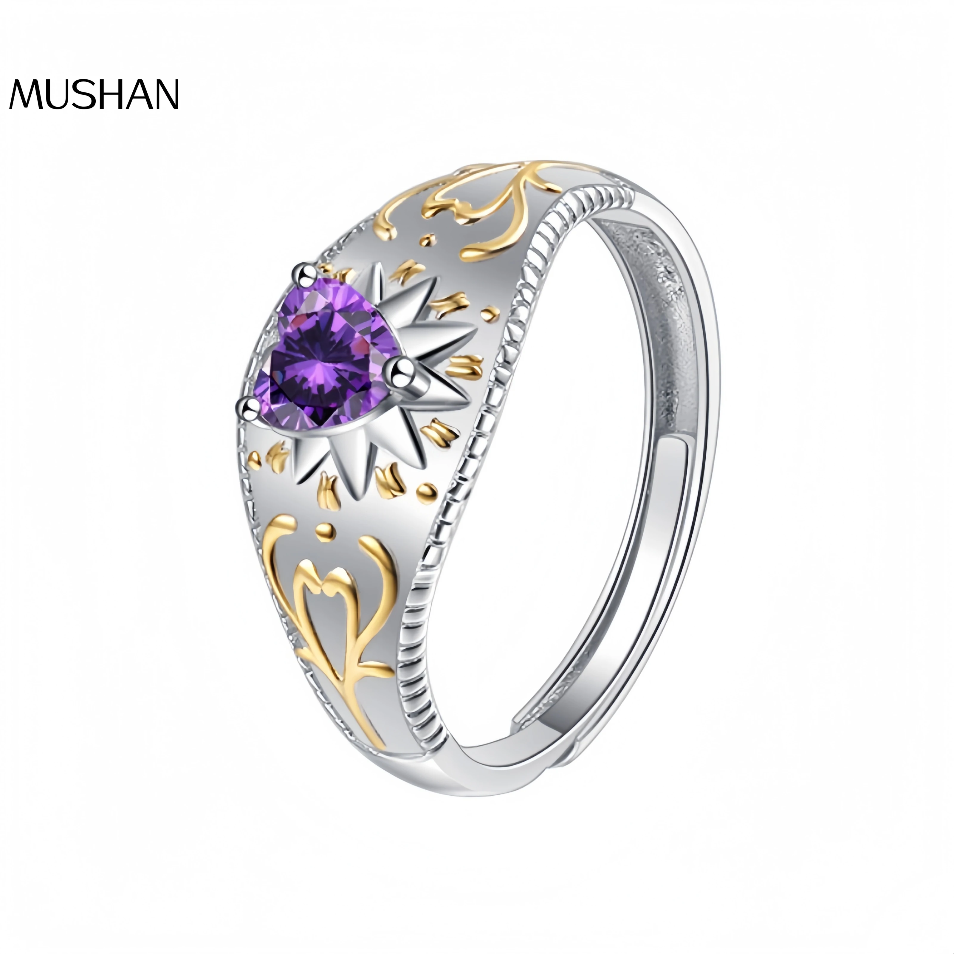 

MuShan Luxury Brand Hot Sales Purple Heart Shaped Diamond Open Ring Brushed Gold 925 Sterling Silver Rings Fashion Jewelry