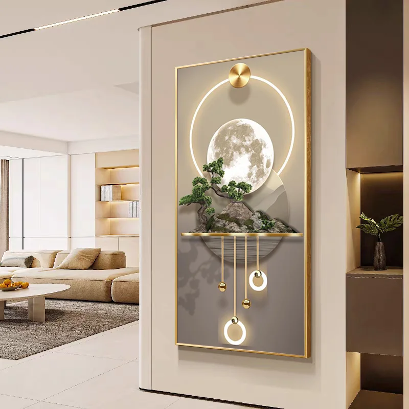 1 pièce d'art mural abstrait moderne sans cadre-grand 70.0x140.0 cm peinture sur toile de luxe légère avec accents dorés, lune et botanique