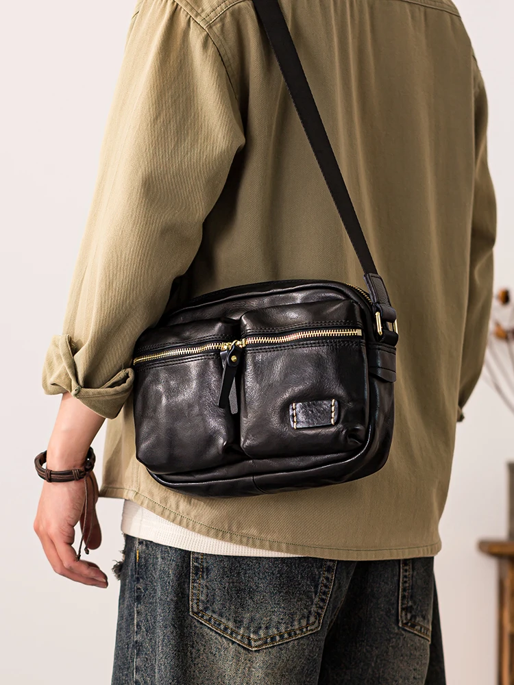 Fashion designers handmade vegetable tanned leather men's shoulder bag casual luxury genuine leather teens black crossbody bag