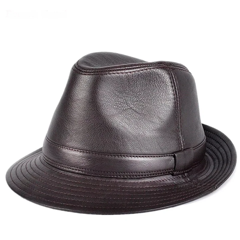 Man High Quality Genuine Leather Jazz Fedora Gentleman Cow Skin Short Brim Black/Brown Hip Pop Fitted Top Hat Male Shows Topper