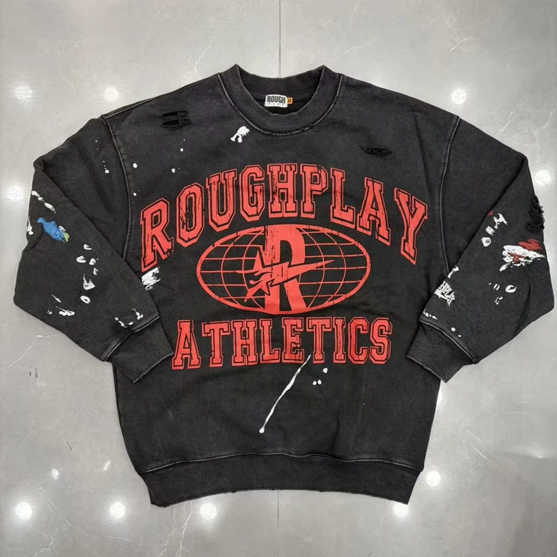 Street Destroyed Style Crewneck Rough Play Sweatshirts Retro Letter Graphic Print Splash Ripped Loose Casual Pullover Man Woman