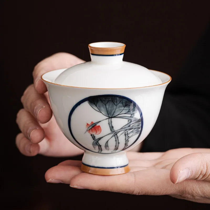 Pure Hand-painted Xia Yuhe High Foot Cover Cup Tea Cup Single Household Tea Bowl Not Hot Ceramic Kung Fu Tea Set Tea