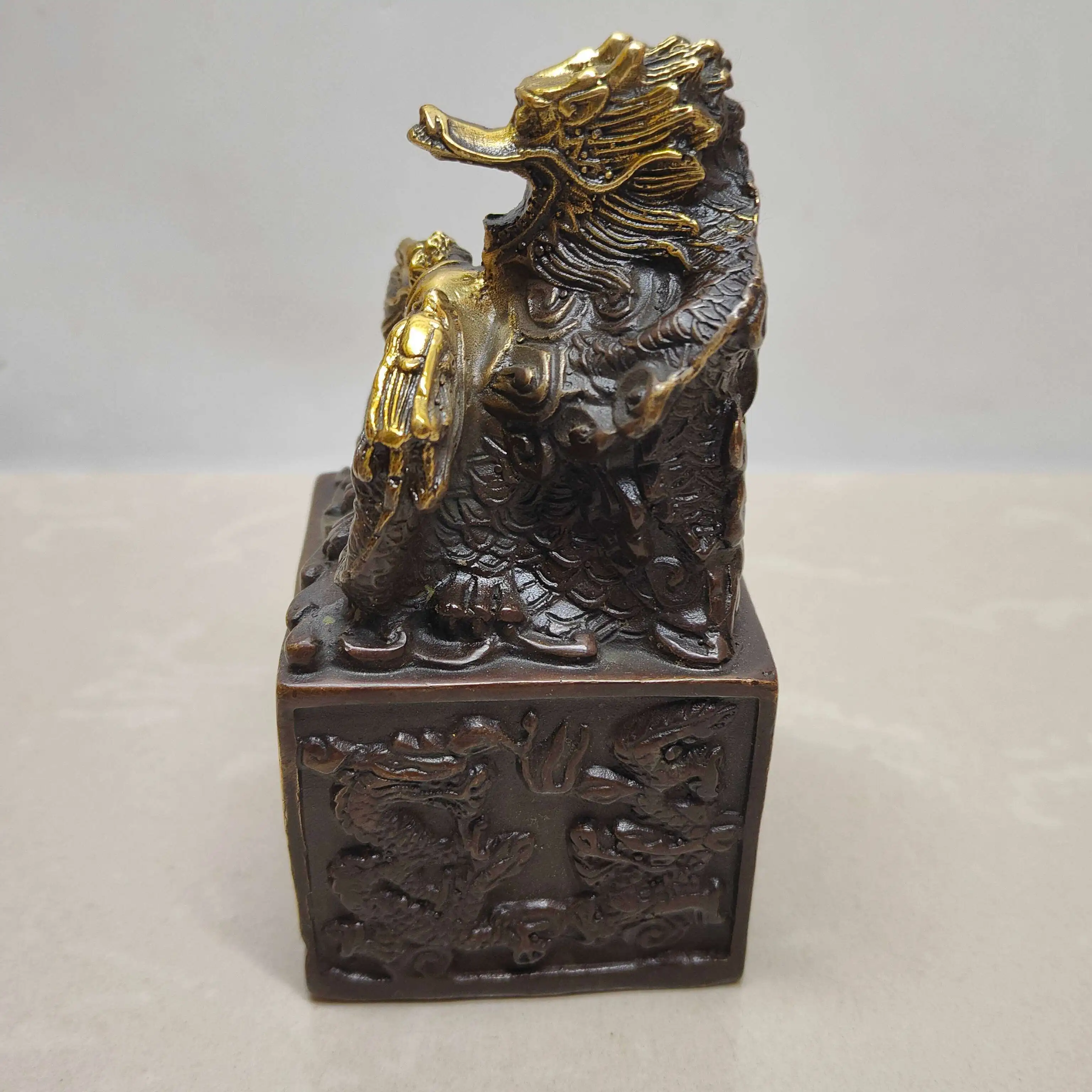 Vintage Gilded Nine Dragon Imperial Seal Mini Decor Brass Copper Craft Feng Shui Home Ornament