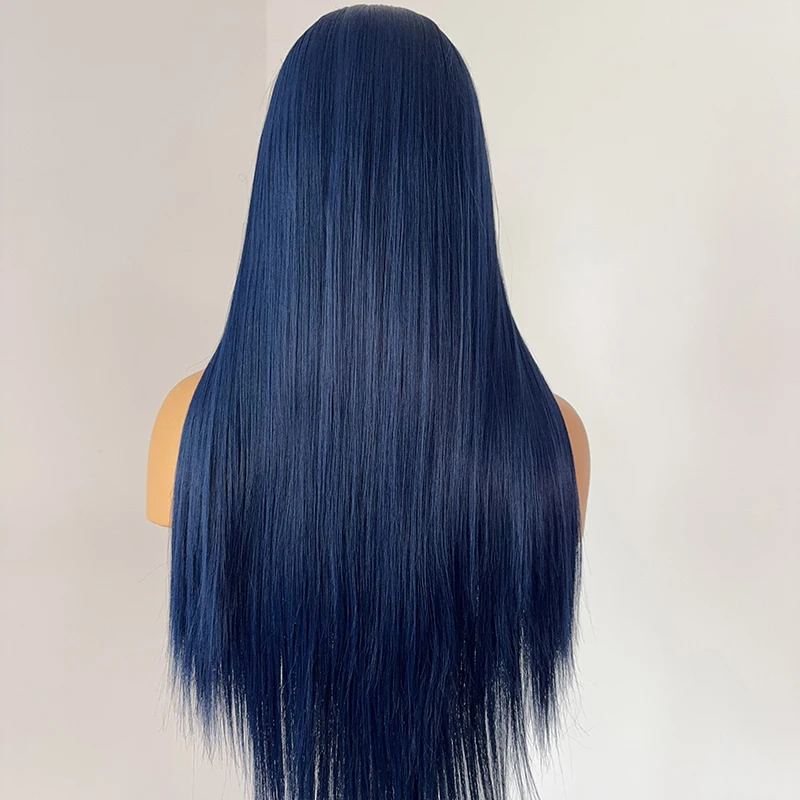 ネイビーブルーのレースフロントウィッグ、ファッショナブルな女性向け、26インチロングストレート、ナチュラルHD、13×4フロントレース、高品質合成繊維、デイリーユース