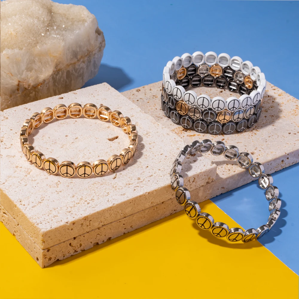 2024 New Design Gold Silver Color Metal Bracelets Peace Logo Elastic Bracelets Enamel Brangle For Women Peace Jewelry