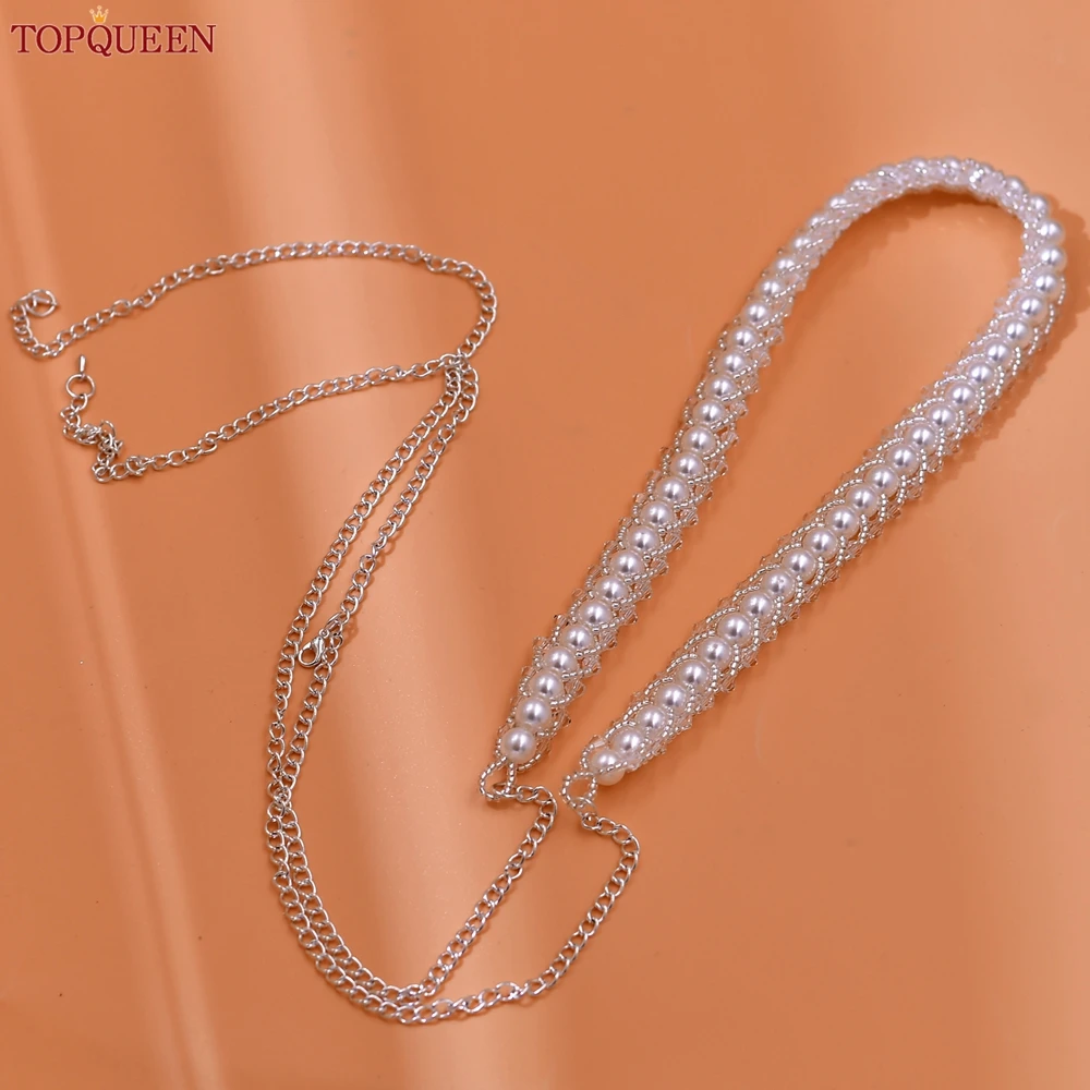 

TOPQUEEN White Pearls Braided Women's Belt Bridal Waist Chain Adjustable Ladies Belt Dress Accessories Body Jewelry S141