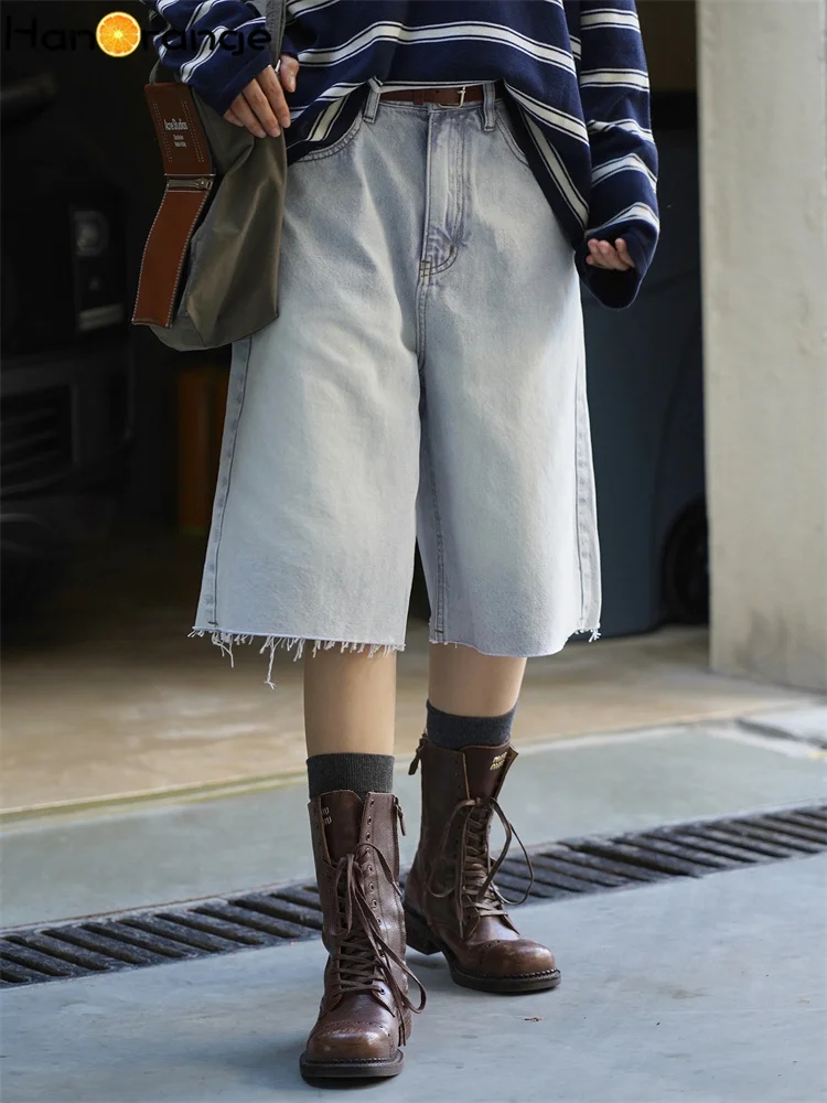 

HanOrange 2025 Early Autumn Washed Hairy Knee Length Jeans Women Straight Tube 100% Casual Pentagram Denim Bermudas Light Blue