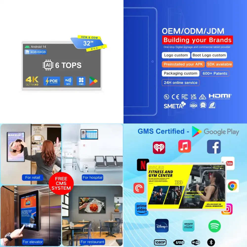 

32inch 4K Ultra HD Touch Screen Wall Digital Signage for Android 14 4GB 64GB 6 TOPS AI NFC POE Business Advertising