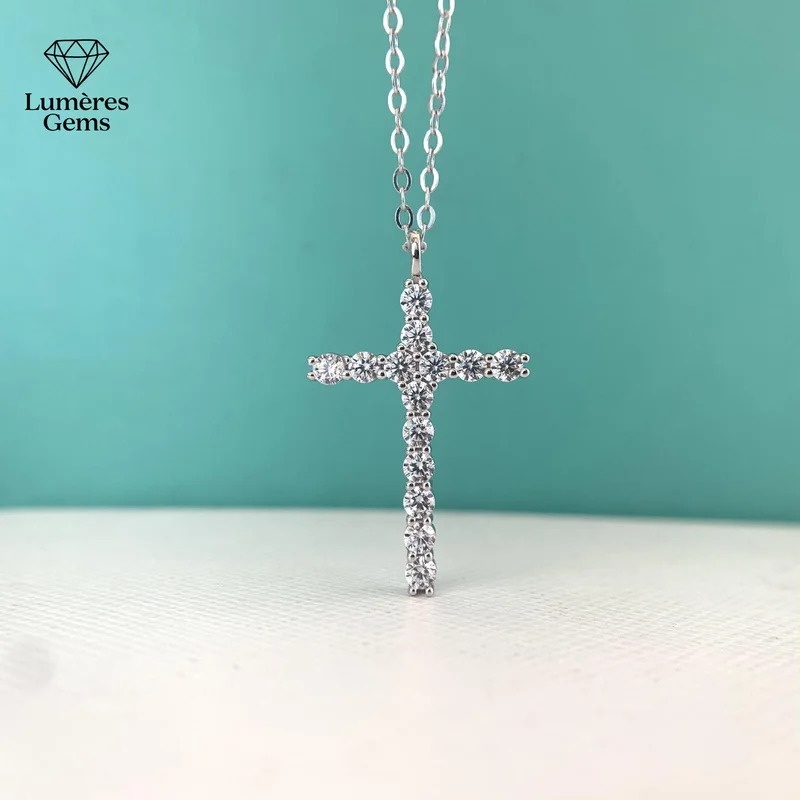 Lumière Gems Platinum PT950 Morganite Full-Diamond Cross Pendant Necklace - Hip-Hop Design - Luxurious for Both Men and Women