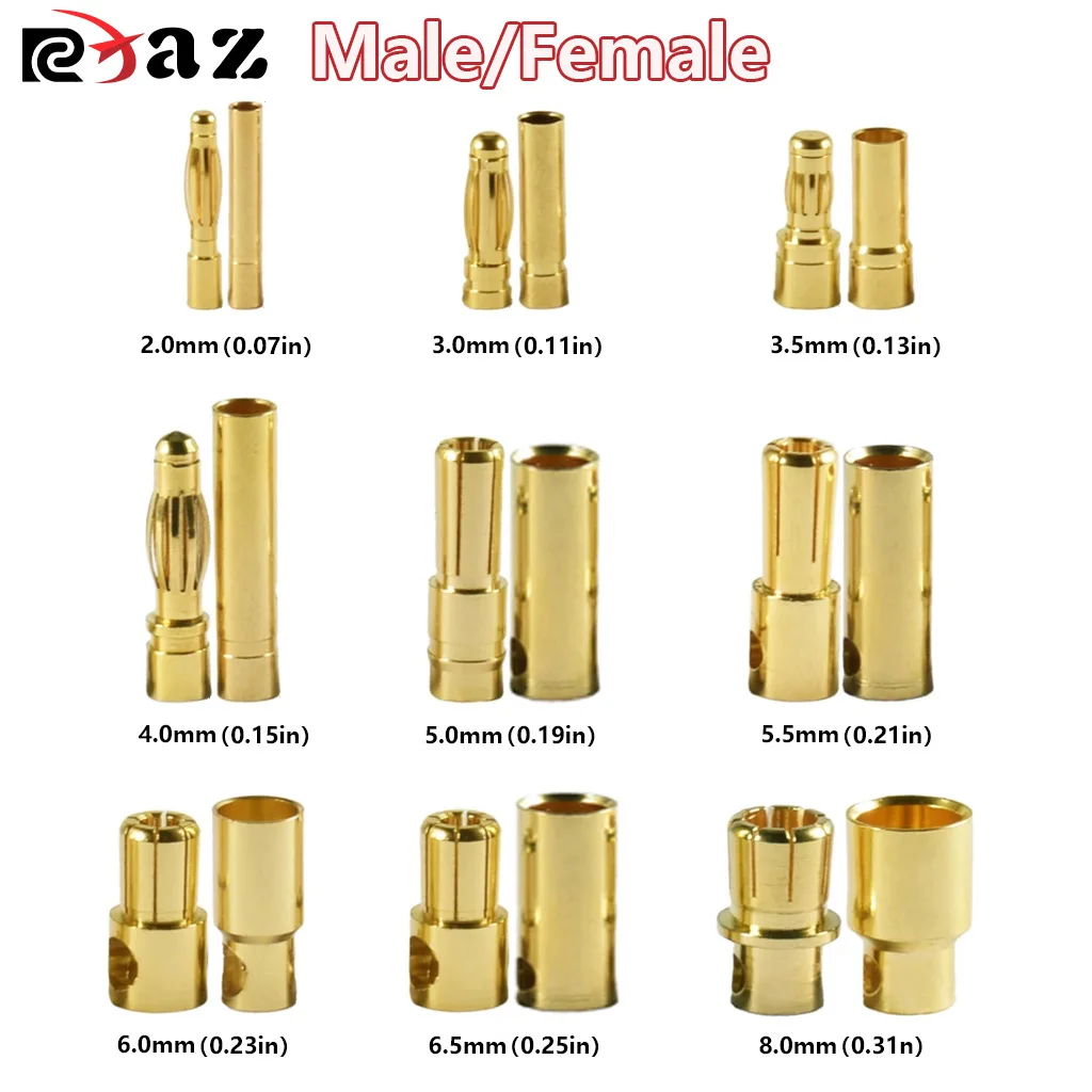 RC Motor ESC Plug 2mm 3mm 3.5mm 4mm 5mm 5.5mm 6mm 6.5mm 8mm Copper Male Female Banana Bullet Connector Plug Gold-plated Adapter