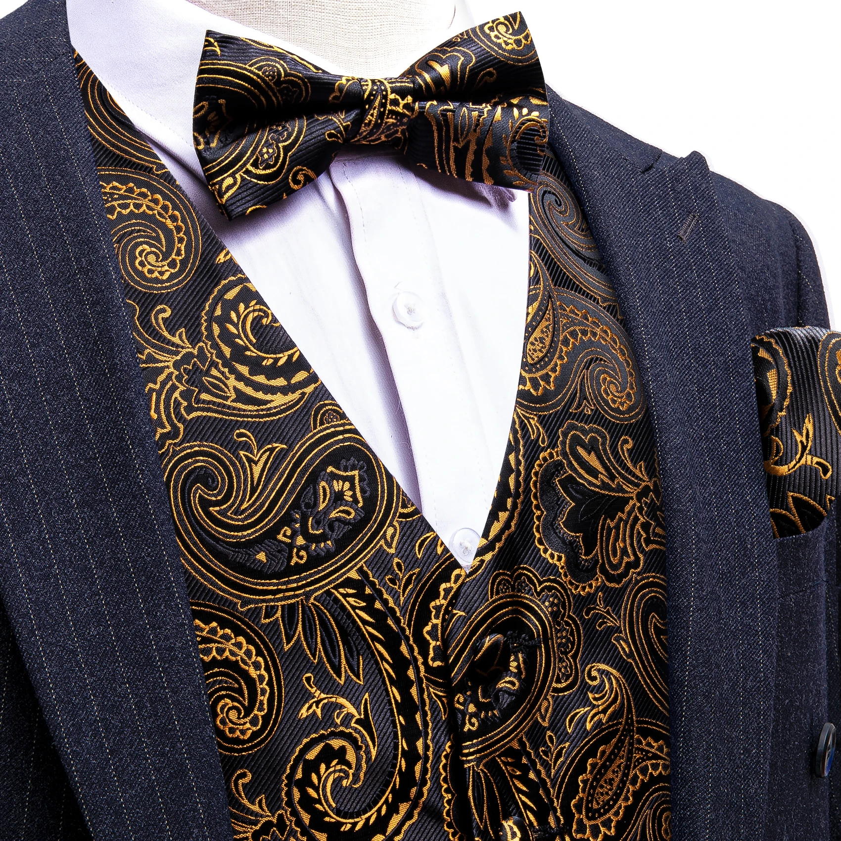 Barry.Wang Silk Men Vest Bowtie Hanky Cufflinks Set Jacquard Paisley Floral Waistcoat Sleeveless Jacket Wedding Business Gift