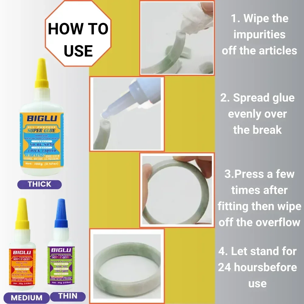 Premium CA Adhesive Thin Medium Thick Liquid Super Glue Strong General Purpose Quick-Bonding for PVC Wood Metal Plastic and More