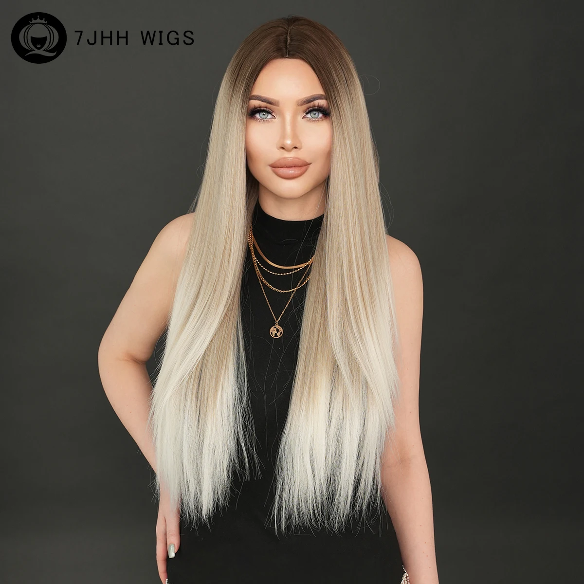 

7JHH WIGS Long Straight Blonde Ombre Champagne for Women Daily Party High Density Synthetic Layered Hair Wigs with Dark Roots