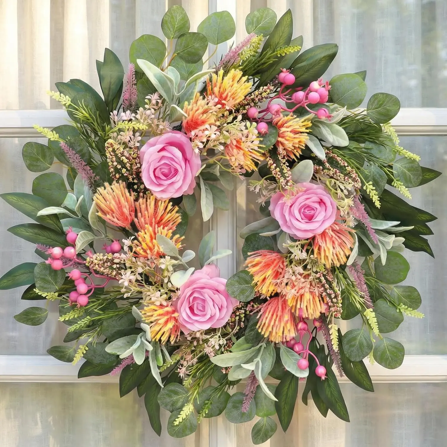 

Весенний венок 24 дюйма с розами, листьями и ягодами ручной работы для декора дверей или стен на весь год