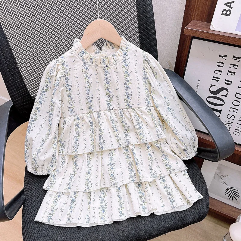 084Girls' Primavera e Outono Nova Moda Jaqueta Jeans com Conjunto de Vestido de Bolo Floral