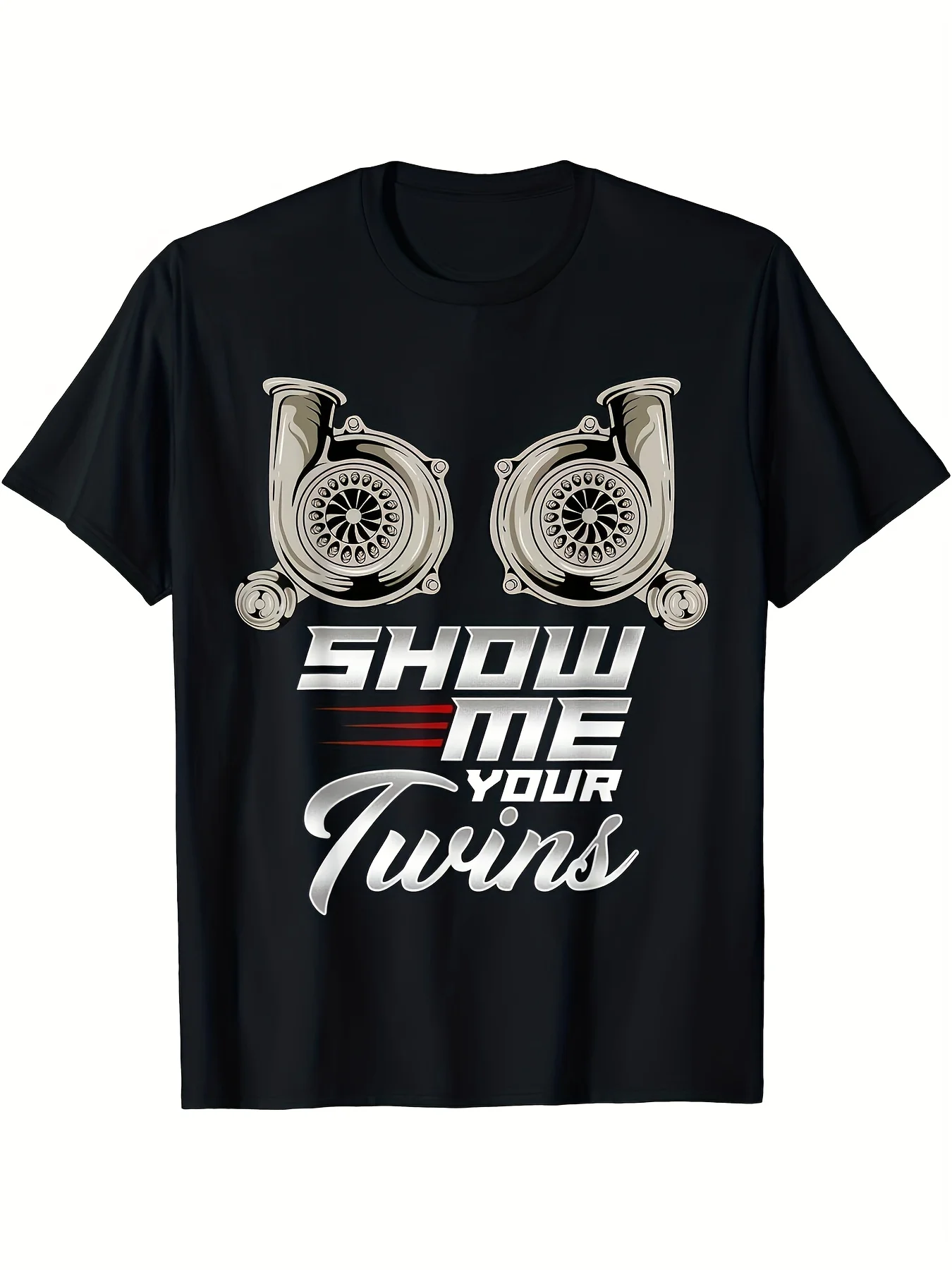Black 100% 180gsm Classic Retro Style Funny Turbo Racing Show Me Your Twins TTs Graphic T-Shirt for Men Casual Short Sleeve Tee with Turbocharger Design Machine Washable Round Neck Short Sleeves Ideal for Casual SportWear
