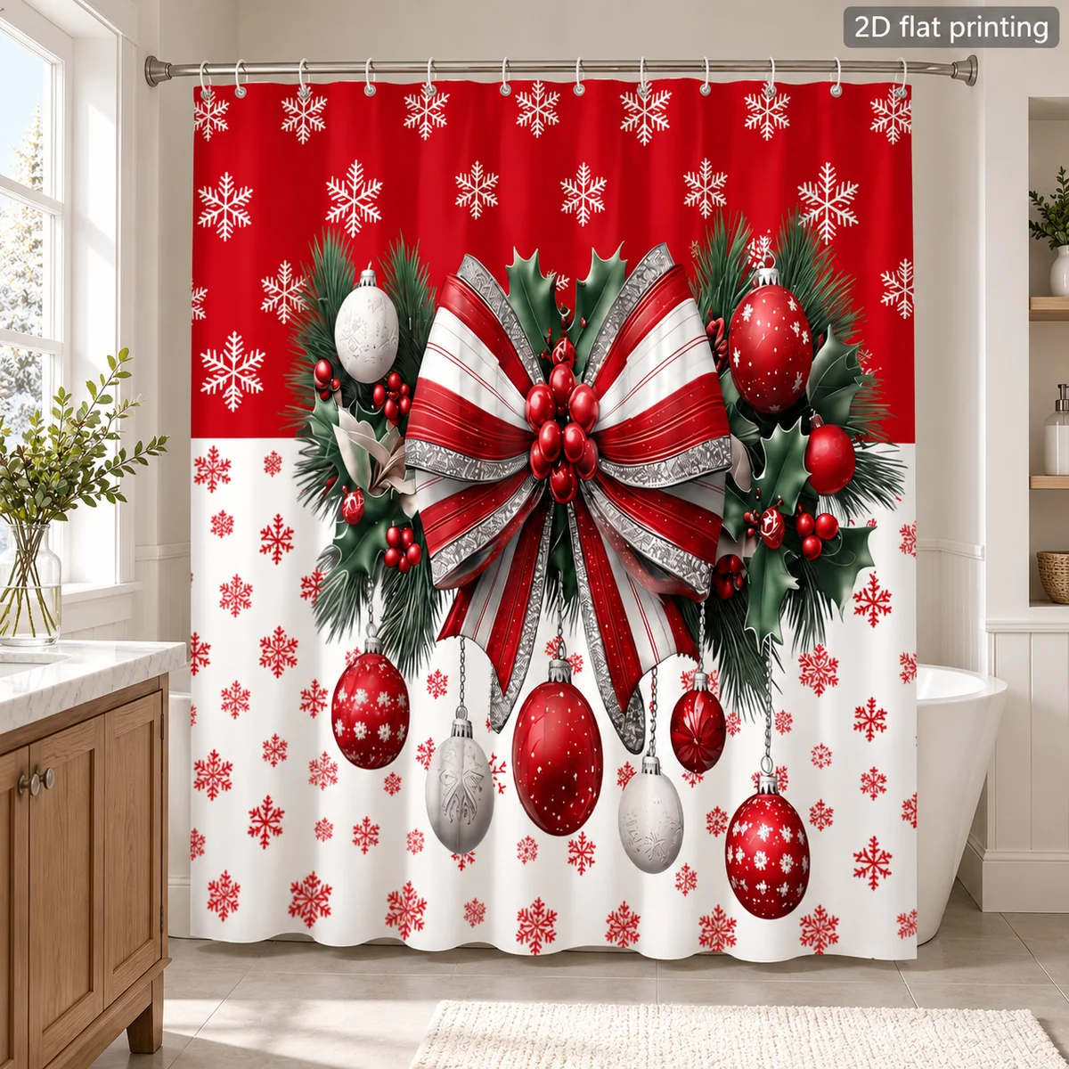 Christmas Red Bow Shower Curtain Snowflake Pine Holly Berry Ornament Print Polyester Fabric Bathtub Curtain Bathroom Decor