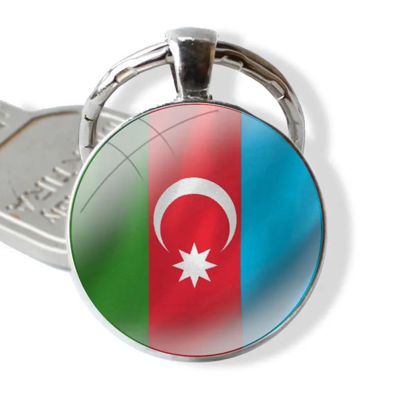 Porte-Clés avec Cabochon en Verre Fait à la Main, Drapeau d'Azerbaïdjan Buta, Pendentif