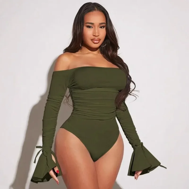 

GUWU Women Sexy Off Shoulder 2025 Long Sleeve Bodysuit, Tube Bodycon Skirt Stretch Slim Outfit For Club Daily Dating