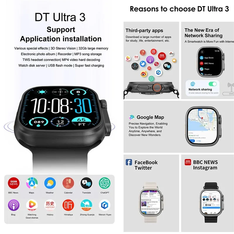 Ultra 3 smartwatch homem mulher amoled 4gb mp3 mp4 player bt rede compartilhamento app chatgpt relógio inteligente ai para apple xiaomi huawei