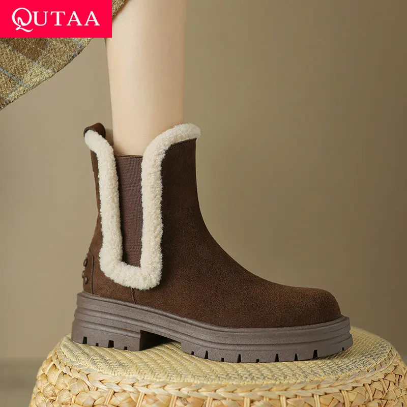 

QUTAA 2026 Fashion Cow Suede Women Ankle Boots Winter Warm Shoes Autumn Mid Heels Snow Boots Round Toe Short Boots 34-40