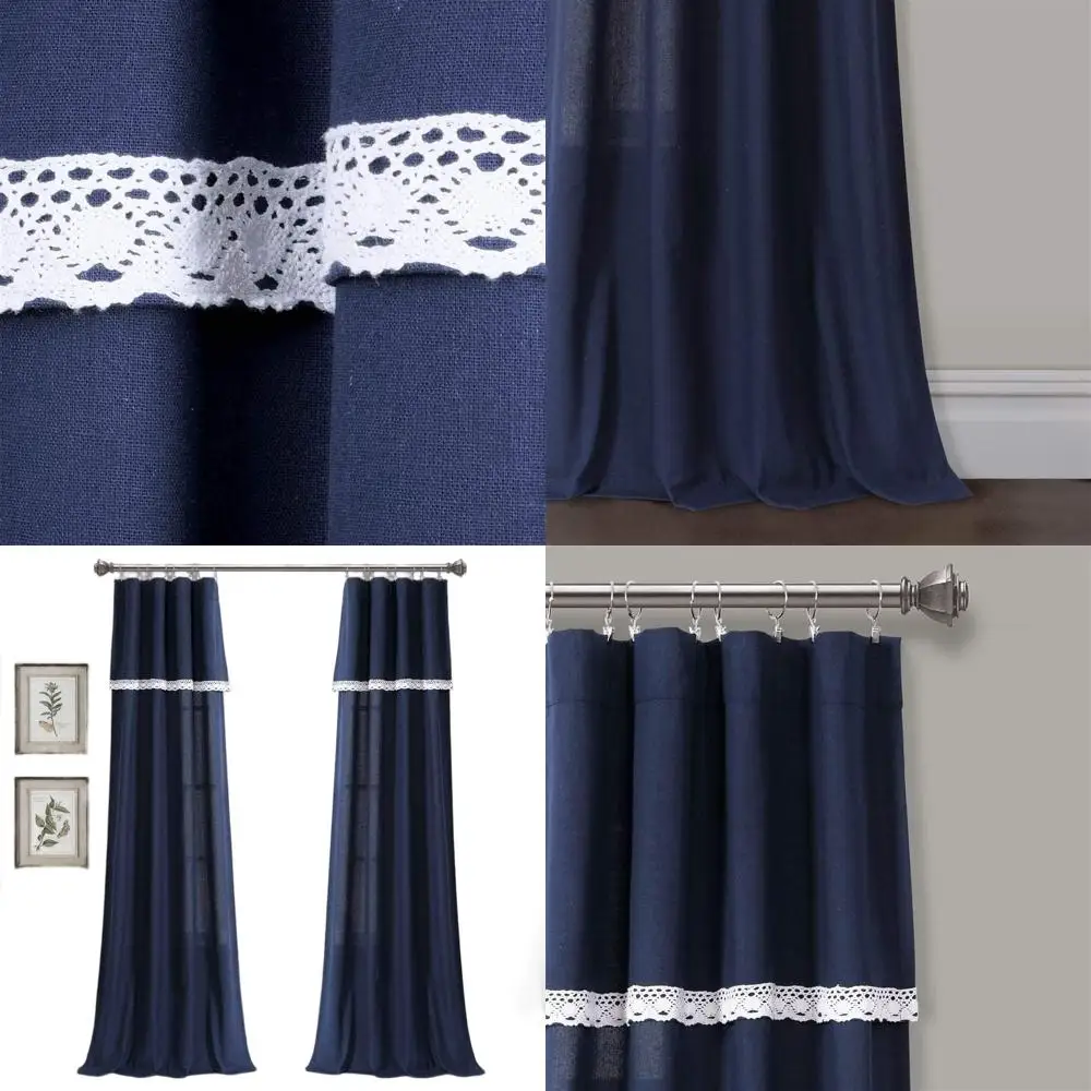 

Navy Blue Linen Lace Curtain Pair, 84 Length x 38 Width