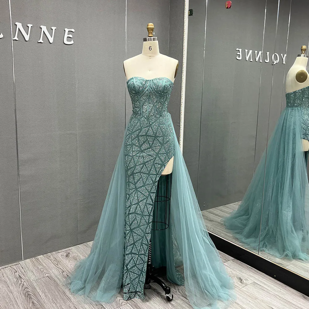 YQLNNE Sparkle Mint Green High Slit Prom Dresses Long Sweetheart Tulle Mermaid Evening Gown Back Zipper