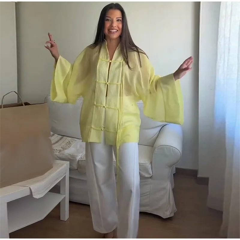 Elegant Chinese Style Frog Button Blouse Sheer Wide Sleeve Loose Fit 2026 Summer Office Casual Chic Breathable Wear Women Top