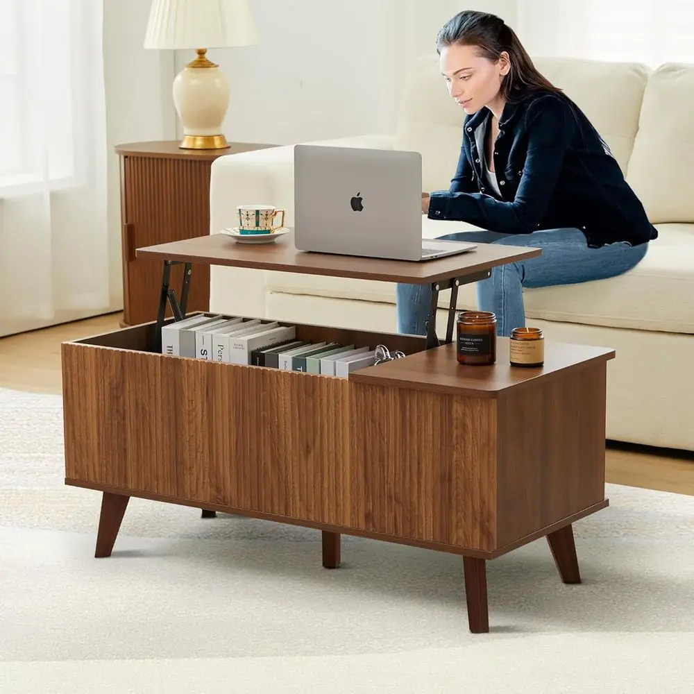 Walnut Modern Fluted Lift-Top Coffee Table with Hidden Storage & Adjustable Shelf