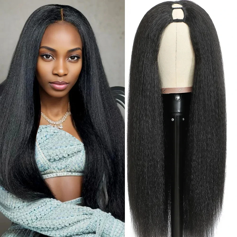 

Yaki Straight Kinky Hair V Part Wig Human Hair Upgraded V Part 200% Density Full Machine Made Wig