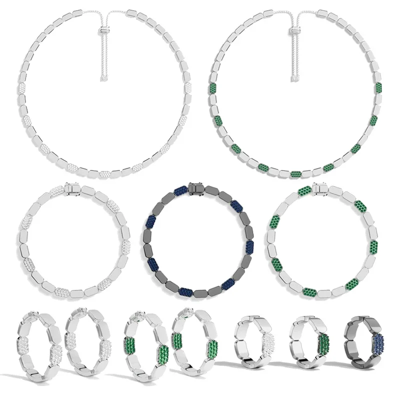 

Women S925 Sterling Silver White Green Blue Hexagonal Ring Earrings Bracelet Necklace Luxury Fashion Banquet Party Jewelry