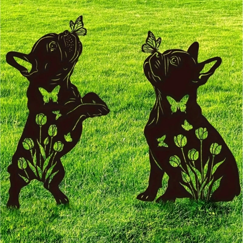 C7AC Black Dog Kisses Butterfly Figure Garden Decoration Set Of 2 For Flower Beds