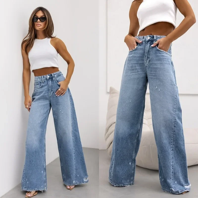 Hose mit weitem Bein, zerrissene Lochjeans, gewaschene Denim-Hose in voller Länge, gespleißte Jeans mit hoher Taille und Reißverschluss, lockere Passform, Basics, Taschen