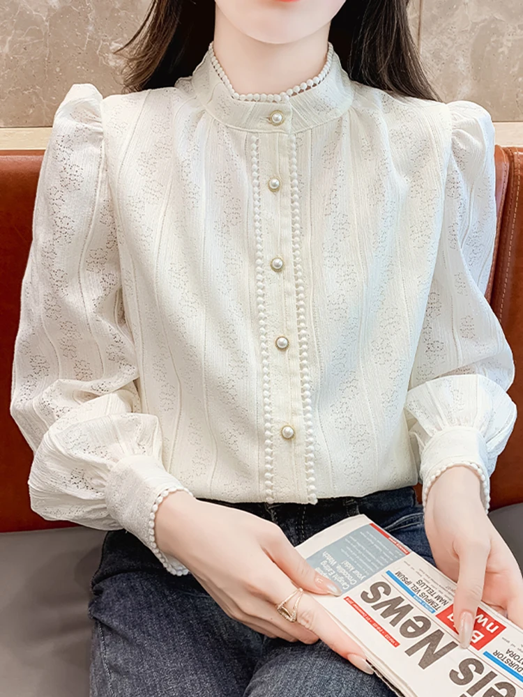 New 2024 Spring Women Shirts & Blouses Hollow Out Lace Blouse Long Sleeve White Korean Tops Beaded Elegant Women Clothes