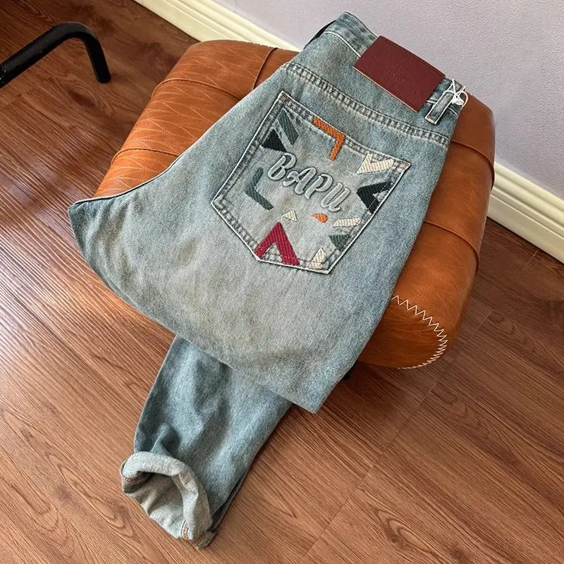 

American Style Embroidered Jeans Men's Summer New Loose Straight Youth Fashion Print Cone Harlan Pants Casual Straight Leg Fi...