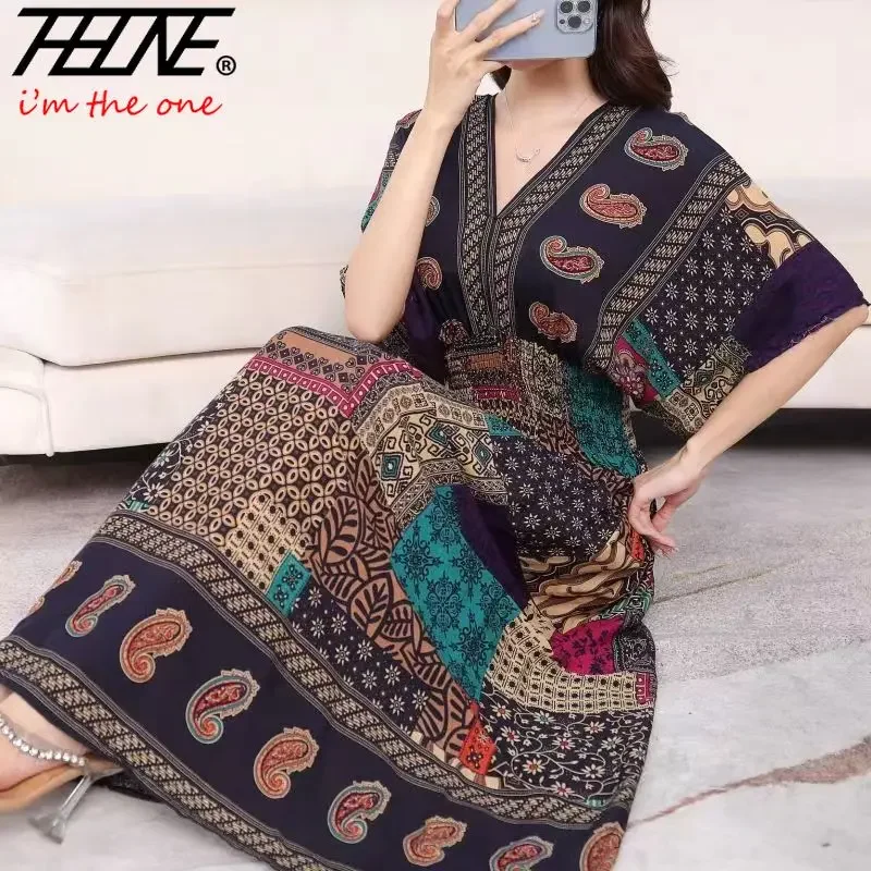 Vestidos Para Mujer liny sukienka kobiet na co dzień eleganckie Retro artystyczne dekolt w szpic Boho w koreańskim stylu z nadrukiem letnie długie sukienki ubrania