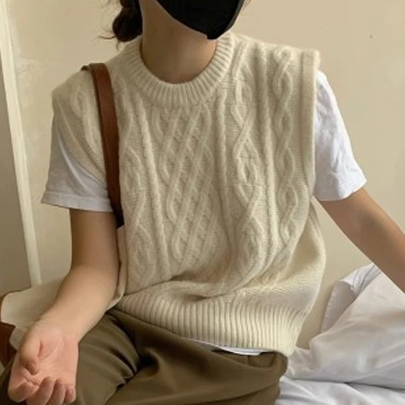 

Autumn Winter Sweaters Vest Korean Fashion Sleeveless Knitted Tops Women Pullover Tank Top Casual Round Neck Loose Clothes 28462