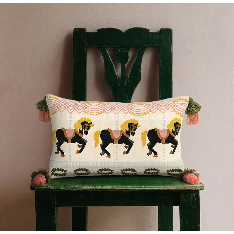 Medicci Home Carousel Horses Embroidered Lumbar Pillowcase With Tassels Luxe Handicraft Cushion Cover For Living Room Or Bedroom