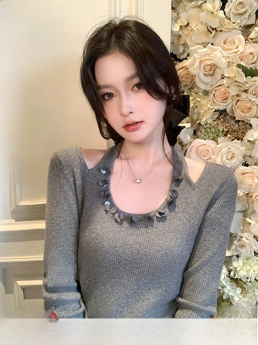 

Однотонный вязаный свитер U-Ne, женский облегающий свитер с пайетками, весенний модный повседневный шерстяной топ с длинным свеком